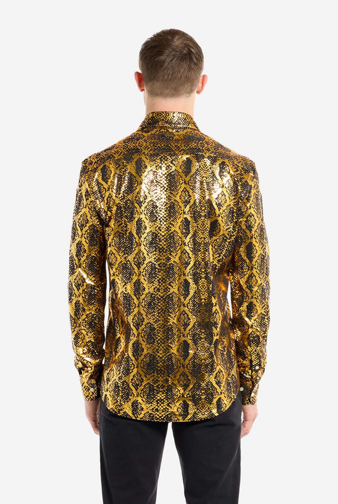 This image showcases a men’s dress shirt from OppoSuits, featuring a striking gold and black snakeskin print pattern. The shirt’s fabric has a glossy finish that reflects light, creating a bold, high-fashion look perfect for making a statement. With a detailed reptile-inspired pattern, this shirt is ideal for anyone looking to bring some edgy style to their wardrobe. View from the back.