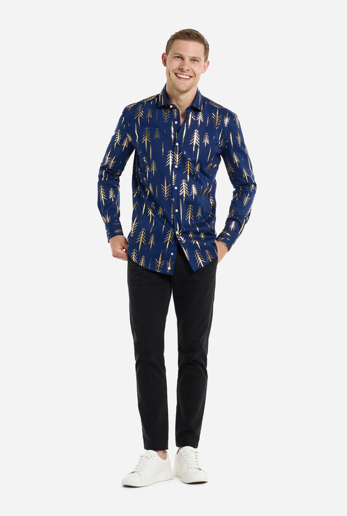 This image features a men’s dress shirt from OppoSuits in a deep navy blue color with an elegant, metallic gold tree pattern. The shirt has a modern slim fit, perfect for adding a festive or stylish touch to any wardrobe. The metallic gold details catch the light, giving it a striking look that's ideal for holiday parties, night outs, or unique gatherings. A perfect shirt for anyone looking to make a fashionable statement with a touch of seasonal flair. Full body image.