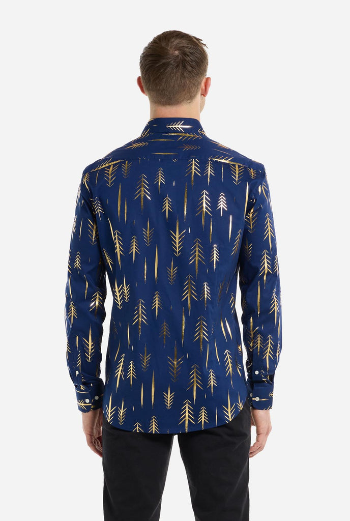 This image features a men’s dress shirt from OppoSuits in a deep navy blue color with an elegant, metallic gold tree pattern. The shirt has a modern slim fit, perfect for adding a festive or stylish touch to any wardrobe. The metallic gold details catch the light, giving it a striking look that's ideal for holiday parties, night outs, or unique gatherings. A perfect shirt for anyone looking to make a fashionable statement with a touch of seasonal flair. View from the back.