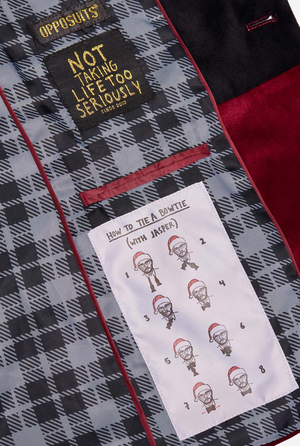 Man wearing burgundy red dinner jacket blazer,  close up inside