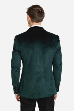 Man wearing dark green dinner jacket blazer