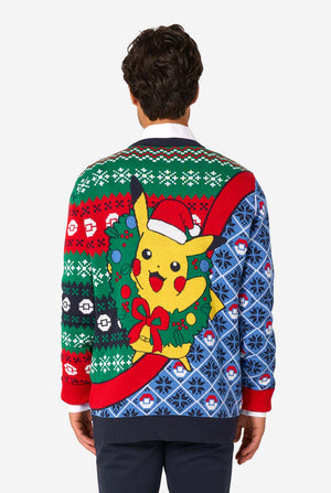 Back view of the knitted Christmas sweater showing Pikachu wearing a Santa hat inside a Christmas wreath.