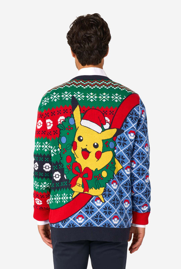 Back view of the knitted Christmas sweater showing Pikachu wearing a Santa hat inside a Christmas wreath.