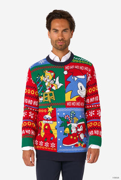 Man wearing a colorful Christmas sweater with Sonic characters and text.