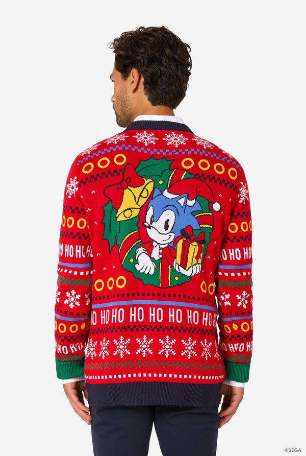 Back view of the knitted Christmas sweater showing Sonic wearing a Santa hat holding a gift.