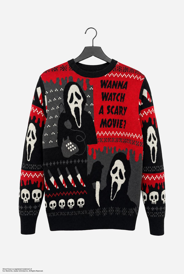 A black and red long-sleeve crewneck sweater featuring Ghostface and other Scary movie graphics, hanging on a black hanger against a light gray background.