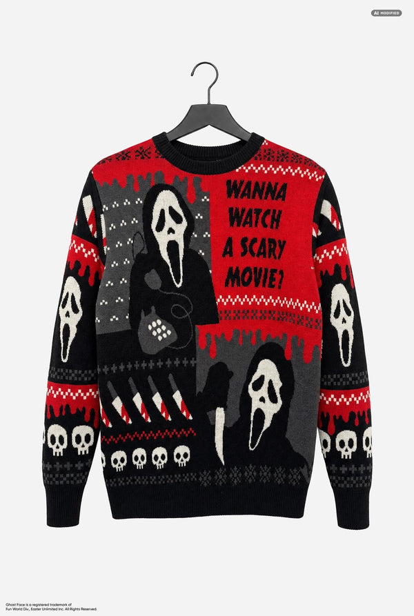 A black and red long-sleeve crewneck sweater featuring Ghostface and other Scary movie graphics, hanging on a black hanger against a light gray background.