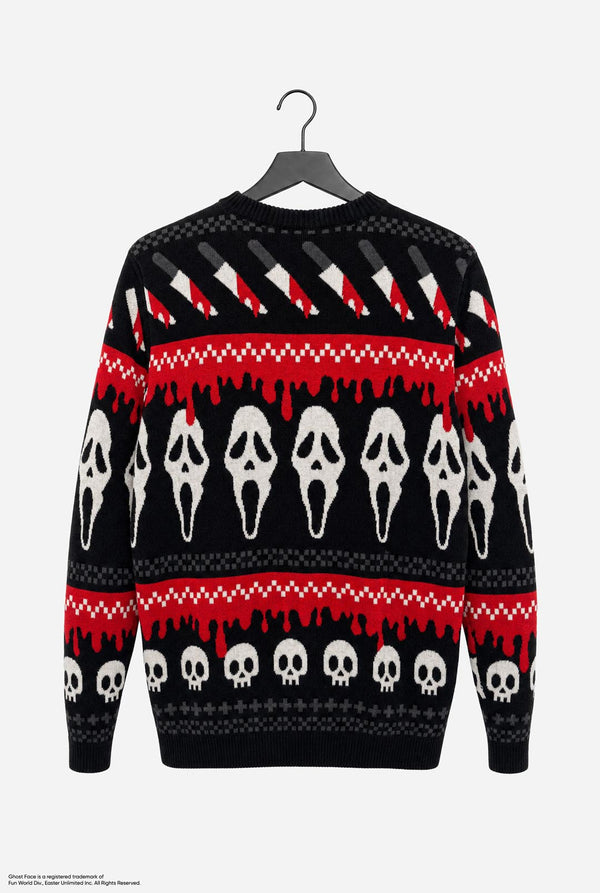 A black and red long-sleeve crewneck sweater featuring Ghostface and other Scary movie graphics, hanging on a black hanger against a light gray background. View from the back.