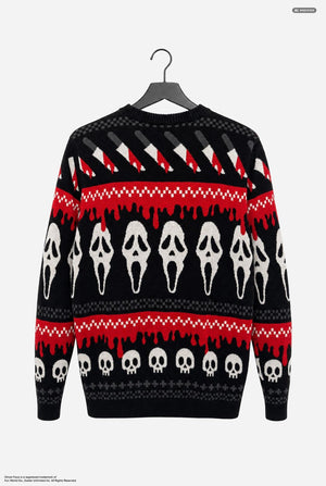 A black and red long-sleeve crewneck sweater featuring Ghostface and other Scary movie graphics, hanging on a black hanger against a light gray background. View from the back.