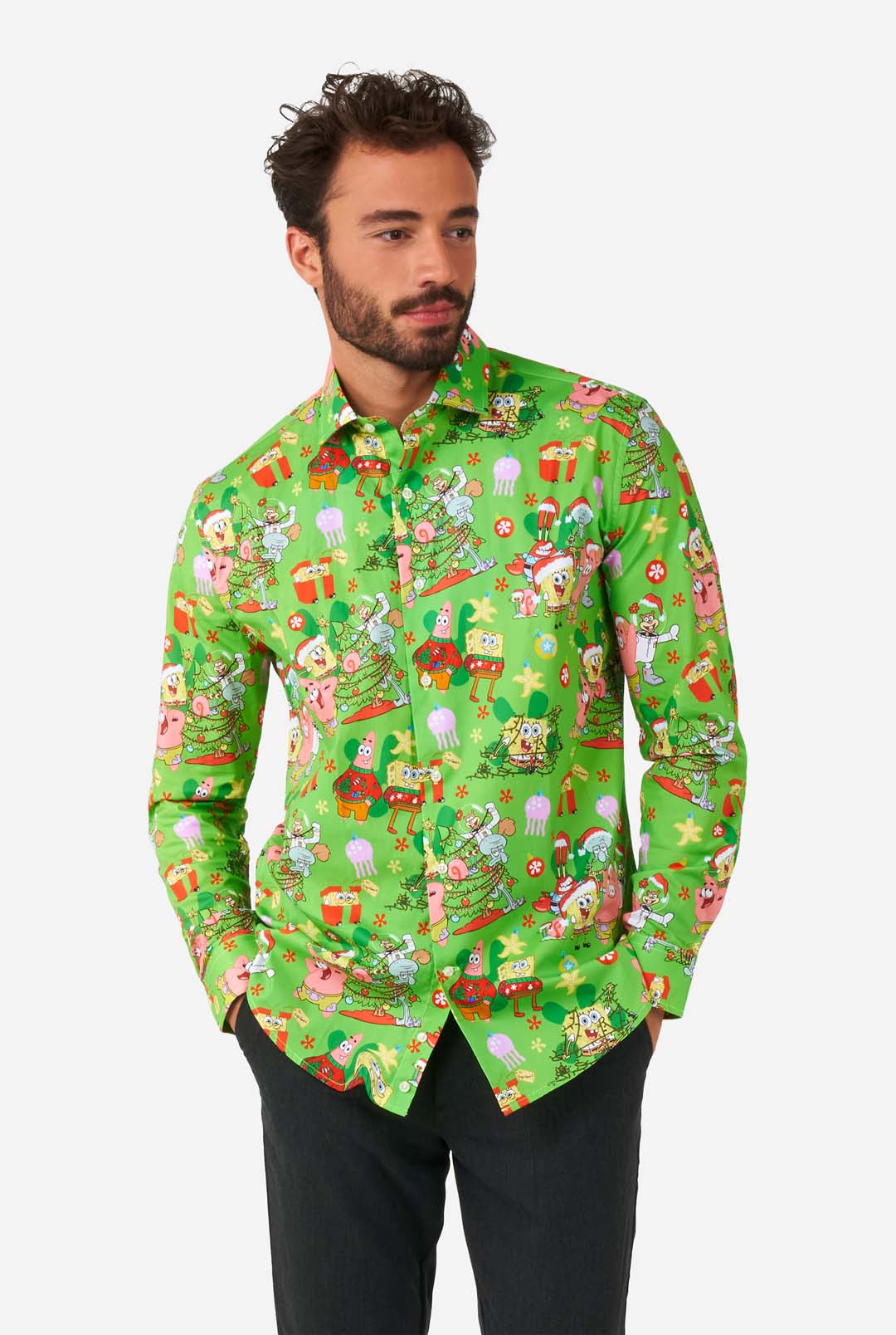 OppoSuits Men's Spongebob Christmas Long Sleeve Shirt, Green, Medium