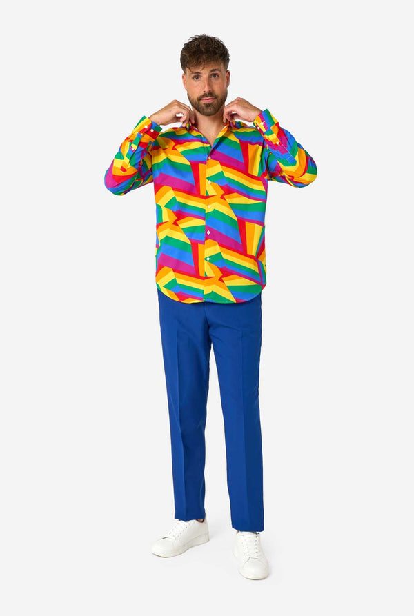 Man wearing a Rainbow colored geometric-patterned shirt on a white background, and a blue pants.
