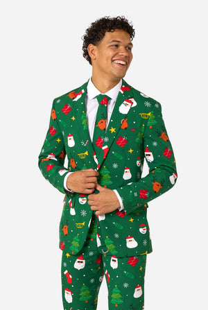 Man wearing green Christmas suits for men with Christmas icons