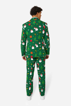 Man wearing green Christmas suits for men with Christmas icons. View from the back.