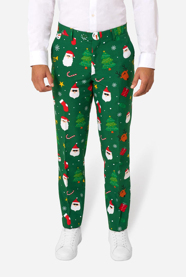 Man wearing green Christmas suits for men with Christmas icons. Pants close up.
