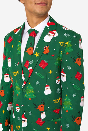 Man wearing green Christmas suits for men with Christmas icons. Chest close up.