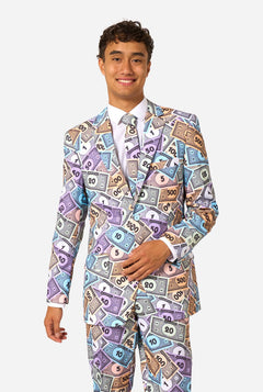 Man wearing a colorful suit with money print on a white background