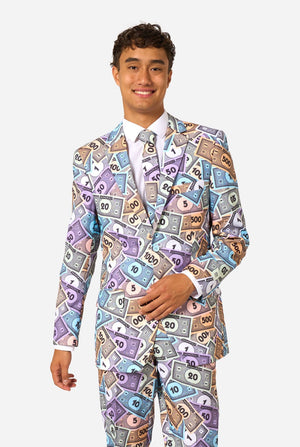 Image of a man wearing a men's suit with an all over print from Monopoly money. He is also wearing a white men's shirt.