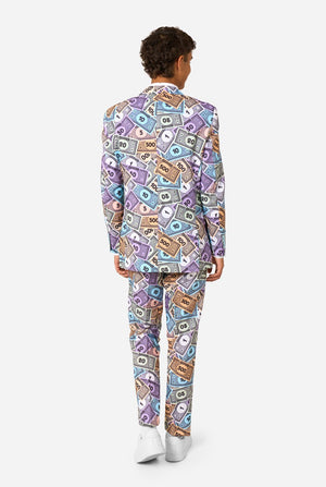 Image of a man wearing a men's suit with an all over print from Monopoly money. He is also wearing a white men's shirt. View from the back.