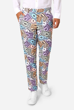 Image of a man wearing a men's suit with an all over print from Monopoly money. He is also wearing a white men's shirt. Pants view.