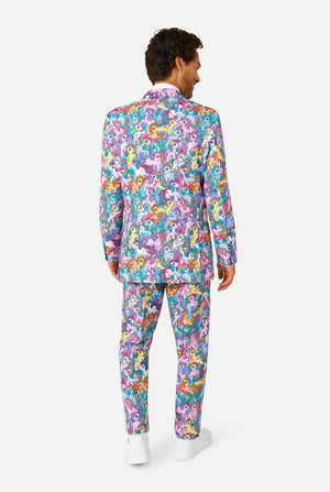 Man wearing a colorful My Little Pony suit with My Little Pony character pattern on a light background. View from the back.