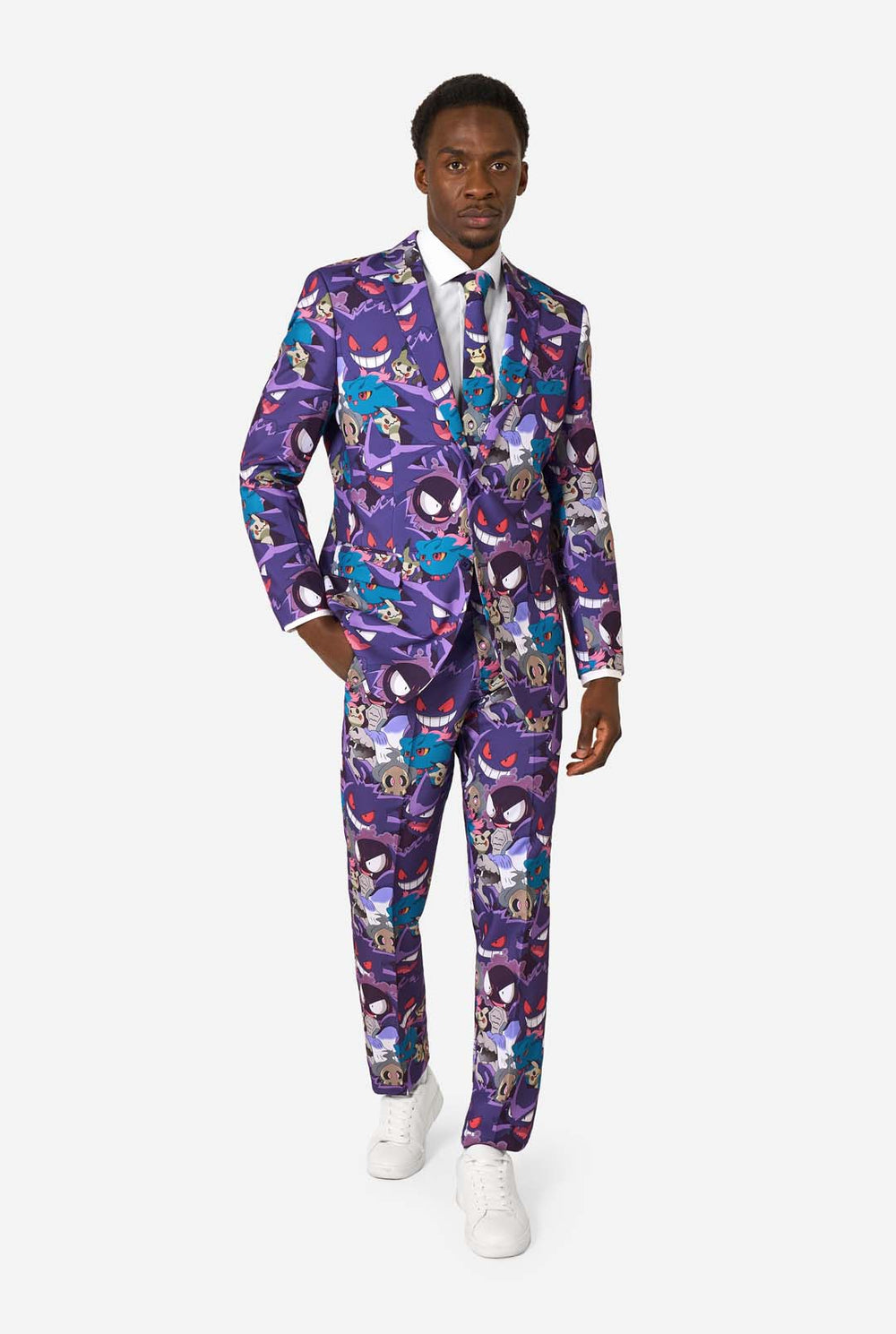 A man wearing a Ghost Pokemon themed suit with a Ghost Pokemon themed tie and a white shirt on a white background.