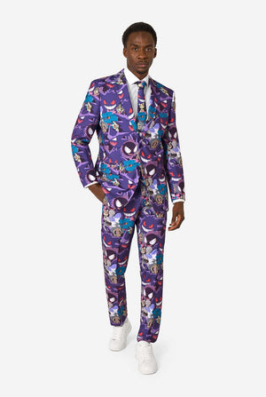 A man wearing a Ghost Pokemon themed suit with a Ghost Pokemon themed tie and a white shirt on a white background. Full body image