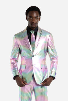 Man wearing a iridescent suit on a white background