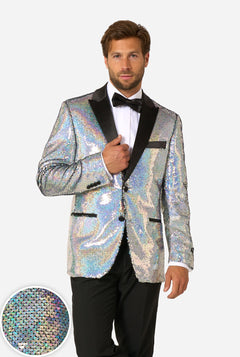 Man wearing a holographic sequin jacket with a close-up of the sequins on a white background
