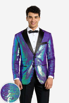 Man wearing a blue sequin jacket with a close-up of the sequins on a white background