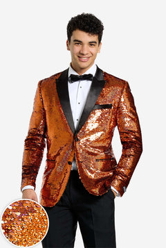 Man wearing a bronze sequin jacket with a close-up of the sequins on a white background