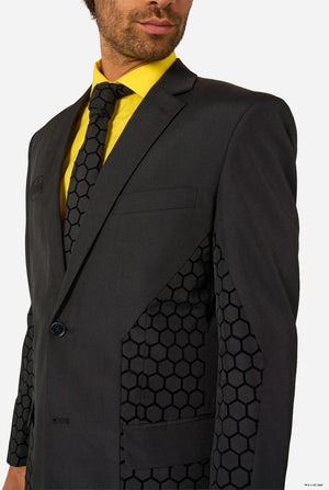 Close-up of the black Batman suit jacket highlighting the hexagon-patterned panels and smooth lapel design.