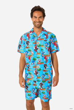 Man wearing a colorful Sonic-themed shirt and shorts on a white background