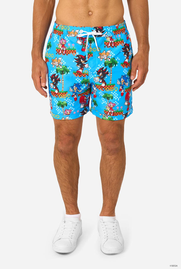 Image of a man wearing a blue summer set with Sonic, Tails, Knuckles, and Shadow game print. Shorts close-up.