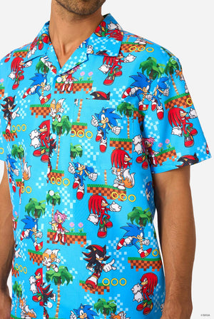 Colorful cartoon-themed shirt with various characters on a blue background