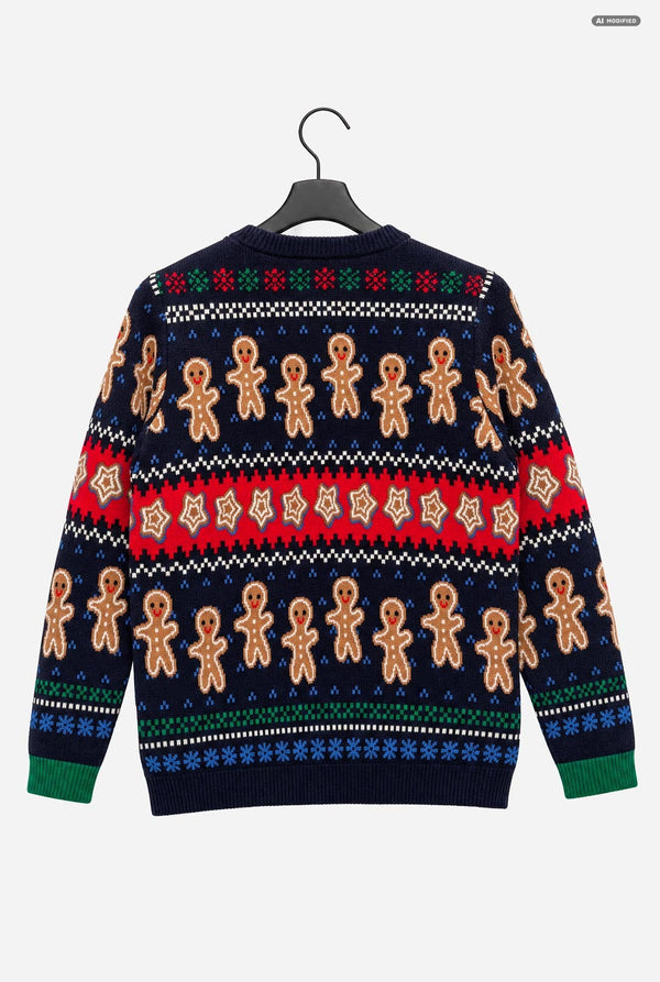 A Christmas-themed knit sweater featuring gingerbread men patterns and festive stripes, hanging on a black hanger against a light gray background.