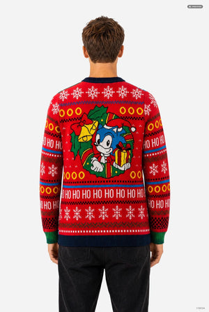 A man viewed from behind wearing a red Christmas knit sweater featuring Sonic the Hedgehog on the back, with snowflake and 'HO HO HO' patterns, paired with black pants against a light gray background.