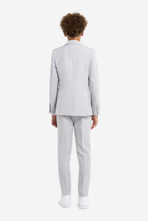 In this image, a kid is wearing a formal grey suit. The suit consists of a blazer, pants and tie. View from the back.