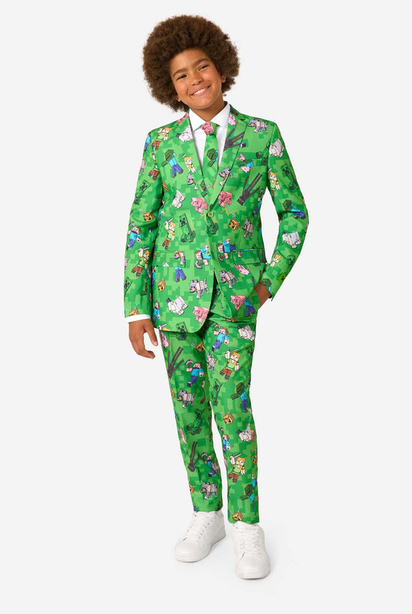 A teen boy wearing a bright green Minecraft suit with iconic characters, including Creepers and Steve - Full body image