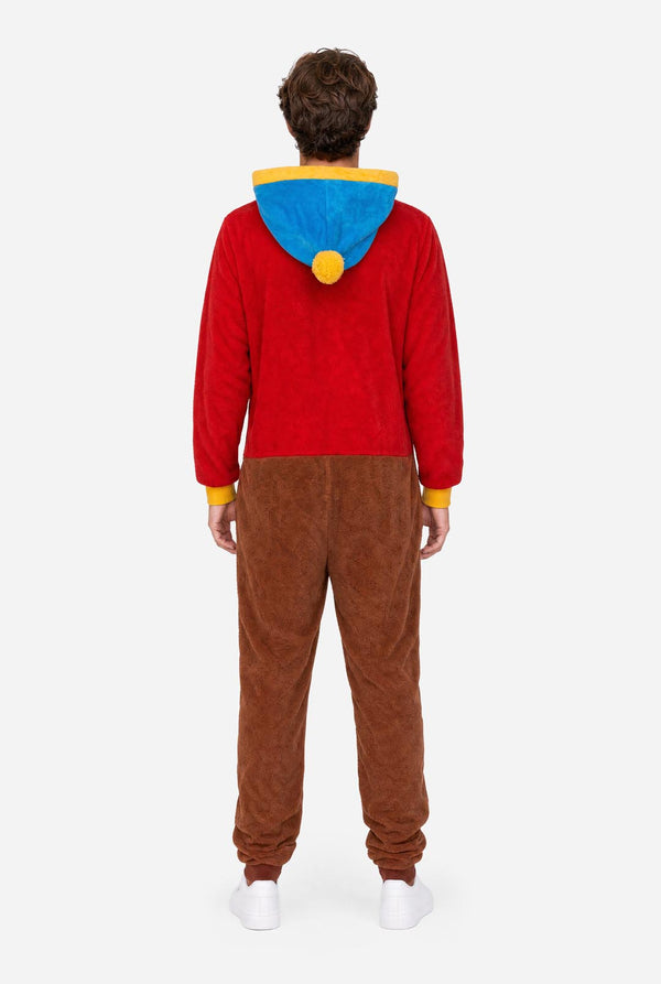 Back view of the South Park Cartman adult onesie showing the blue hood with yellow trim and pom-pom.
