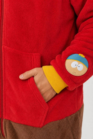 Close-up of the red Cartman onesie showing the front pocket, yellow cuff and character sleeve patch.