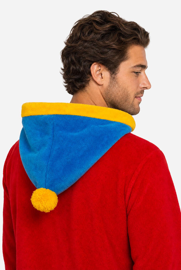 Close-up back view of the Cartman onesie showing the blue hood with yellow trim and pom-pom.