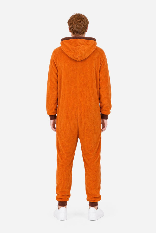 Back view of the orange South Park Kenny adult onesie with hood and brown cuffs.
