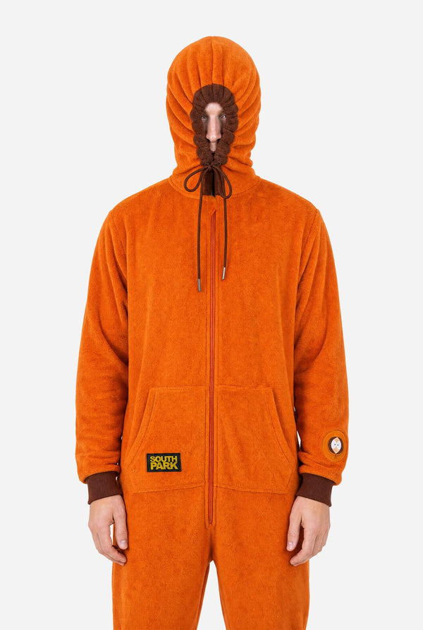 Front view of the South Park Kenny adult onesie with the hood drawn tightly around the face.