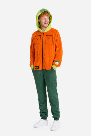 Full-length front view of a model wearing the orange and green South Park Kyle adult onesie.