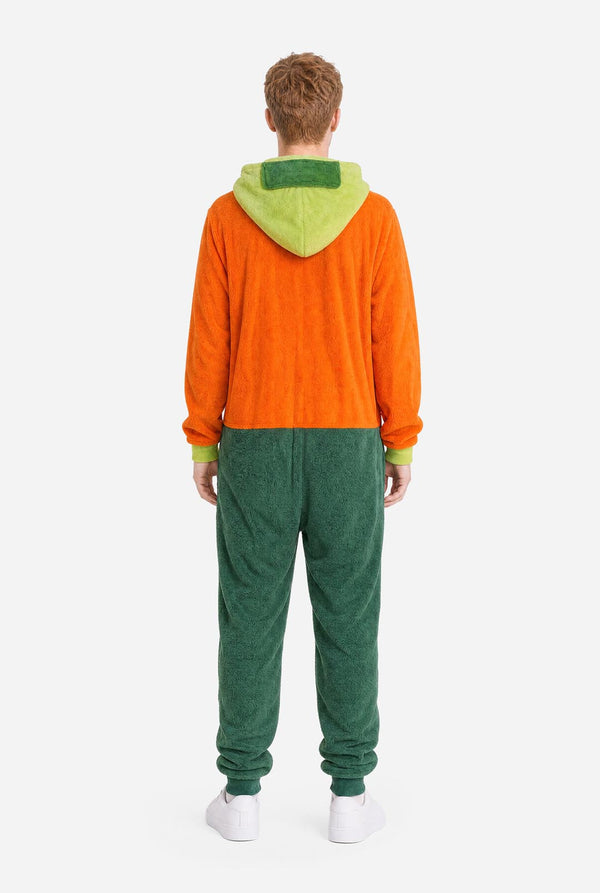 Back view of the South Park Kyle adult onesie showing the green pants and light green hood.