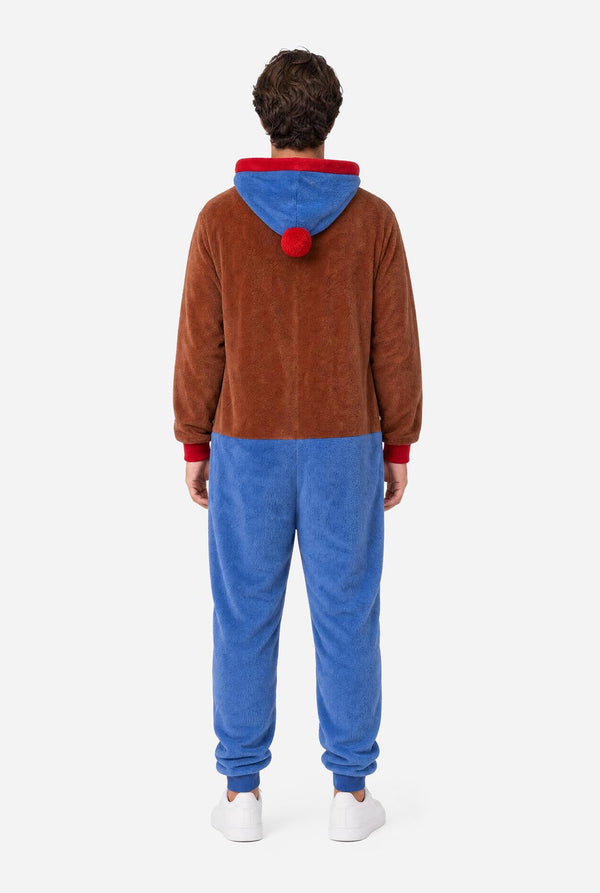 Back view of the South Park Stan adult onesie showing blue pants and a blue hood with red pom-pom.
