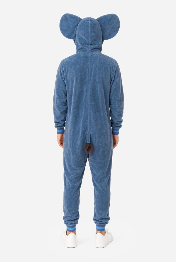 A man wearing a blue elephant onesie pajama with pink inner ears, a full front zipper, and a hood, standing against a white background. View from the back.