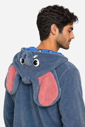 A man wearing a blue elephant onesie pajama with pink inner ears, a full front zipper, and a hood, standing against a white background. Close up of the hood.