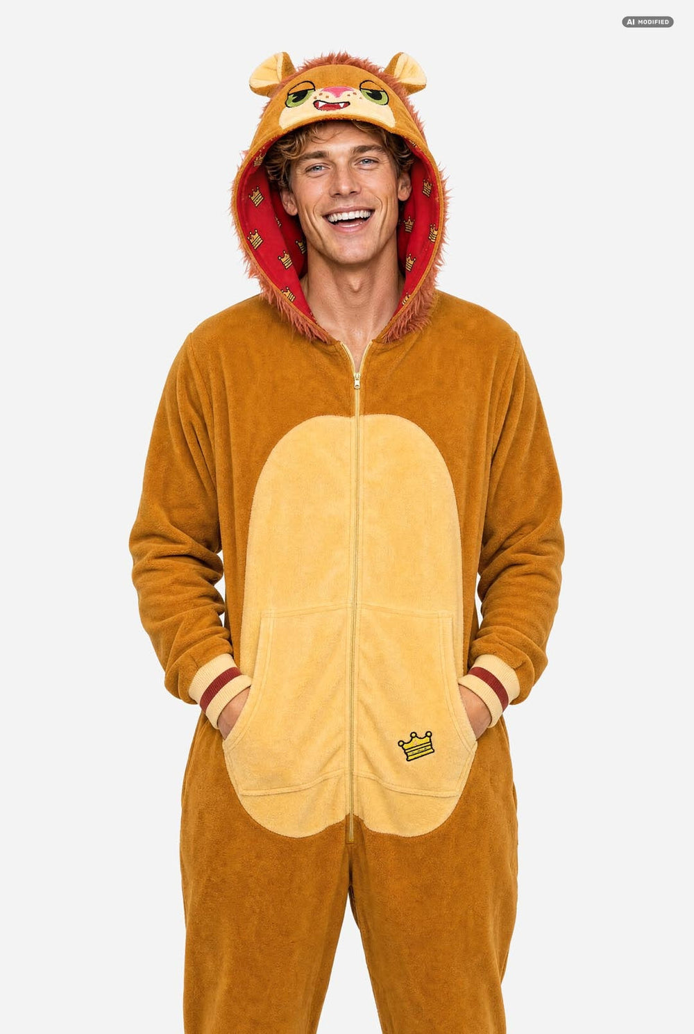 A man wearing a plush lion onesie onesie costume with a hood featuring a lion face and ears, a tan body, and a cream-colored belly patch, photographed against a light gray studio background.