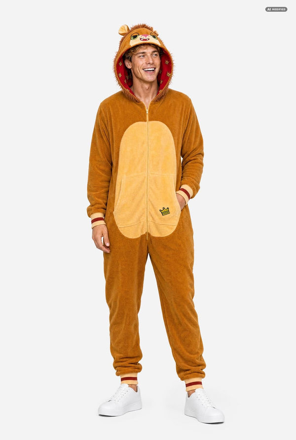 A man modeling a brown and tan plush animal onesie with a hood featuring lion ears, standing against a light gray background.